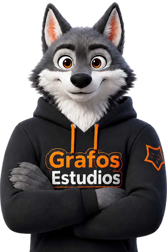 Mascota de Grafos Estudios presentando un proyecto